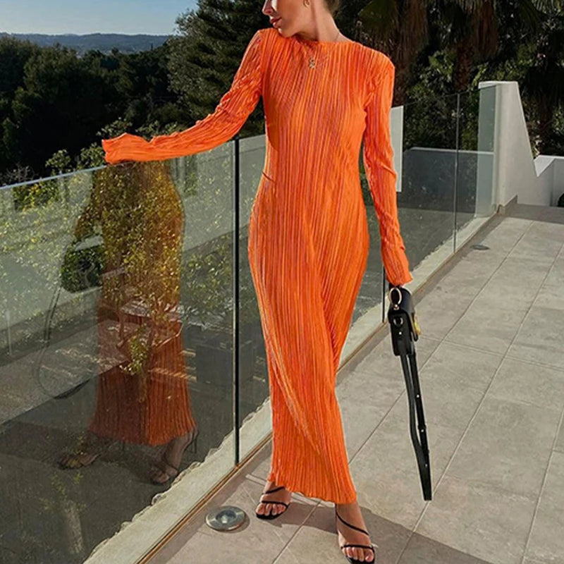 Women Midi Dress Elegant Bodycon plisse